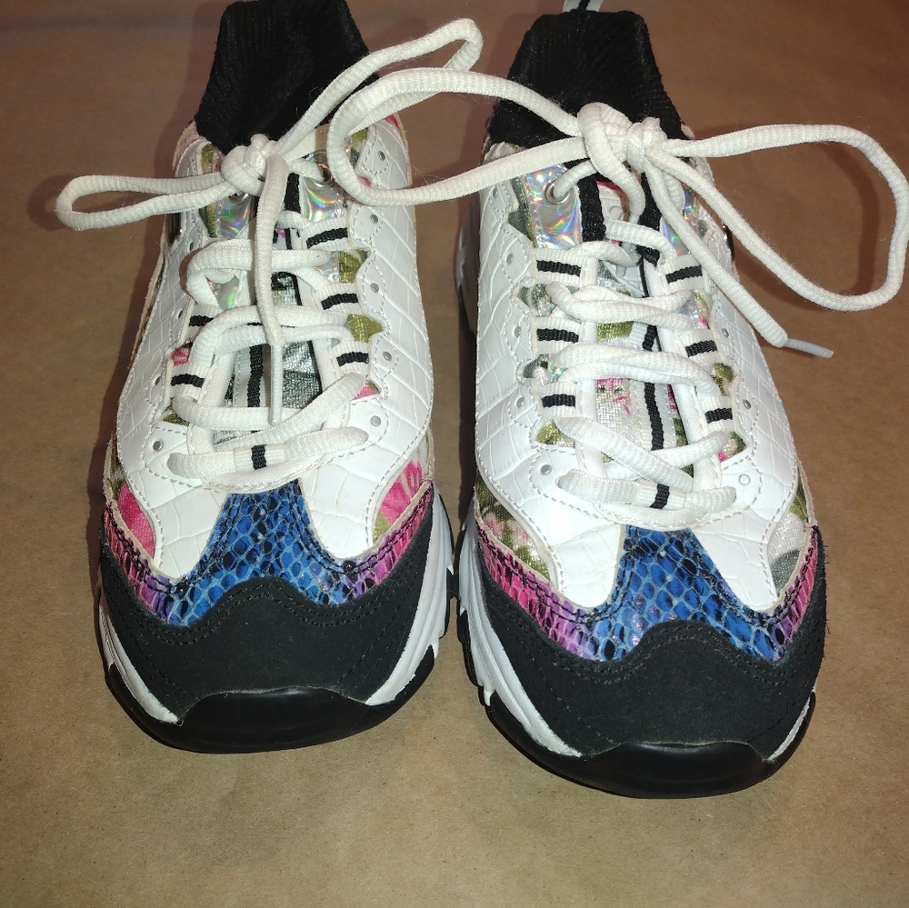Sketchers DLites: Blue and pink toe box. White laces. Stiff and unused.